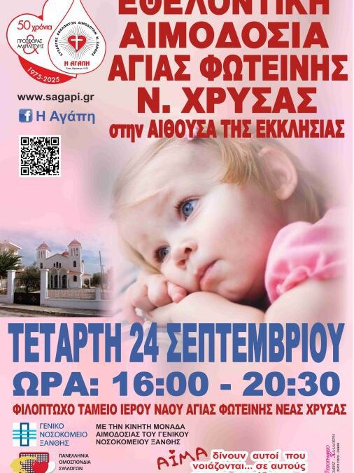 ΕΘΕΛΟΝΤΙΚΗ ΑΙΜΟΔΟΣΙΑ ΣΤΗΝ ΑΓΙΑ ΦΩΤΕΙΝΗ ΤΗΣ ΝΕΑΣ ΧΡΥΣΑΣ